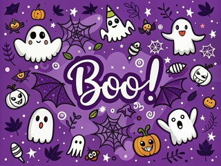 Naklejka premium Spooky Halloween Landscape: Doodle Ghosts, Bats & Spiders on Purple