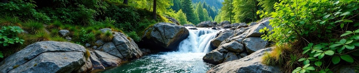 Obraz premium Rocky outcrops and waterfalls in a lush alpine forest, landscapes, outdoorsy, waterfalls