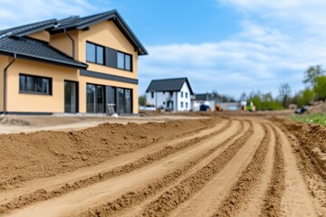 A newly constructed house on a construction site, with freshly graded dirt and a clear blue sky in the background.