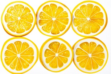 Obraz premium Sliced Lemon Close-up Isolated - Six juicy lemon slices, vibrant yellow, isolated on a pristine white background. Symbolizing freshness, zest, vitamin C, summer, and healthy eating.