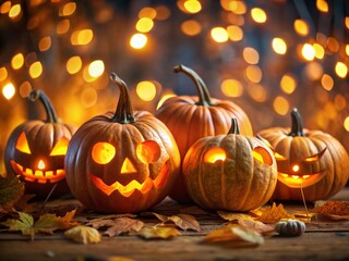 Spooky Halloween Pumpkins with Bokeh Background - Festive Autumn Still Life
