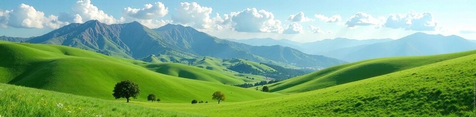 Obraz premium Rolling hills with silty mountains in the background and fluffy white clouds, silty mountains, serene, nature