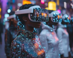 A collection of diverse people engaging in augmented reality ads, where digital overlays display personalized offers, presented in a modern, pop art, striking, and bold style