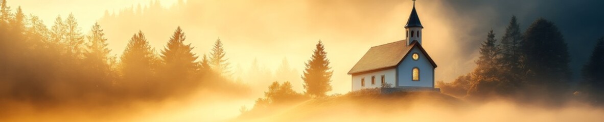 Fototapeta premium Serene Chapel at Dawn Tranquil Mountain Sanctuary in Misty Golden Light