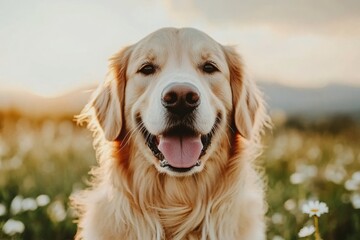 Happy Golden Retriever Dog Smiling Outdoors in Beautiful Sunny Field of Flowers
