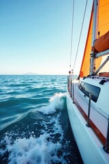 Obraz premium Sailboat on calm sea with mainsheet and roller rope, wave, sail, boat