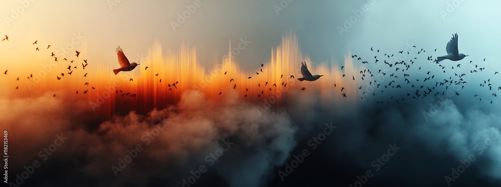 Poster vibrant spectrogram visualization capturing the dynamic frequency content and movement of a flock of