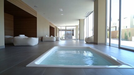Modern indoor spa area with soothing water and comfortable seating for relaxation