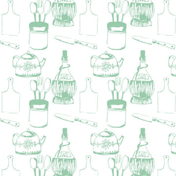 Pattern con utensili da cucina di  colore verde