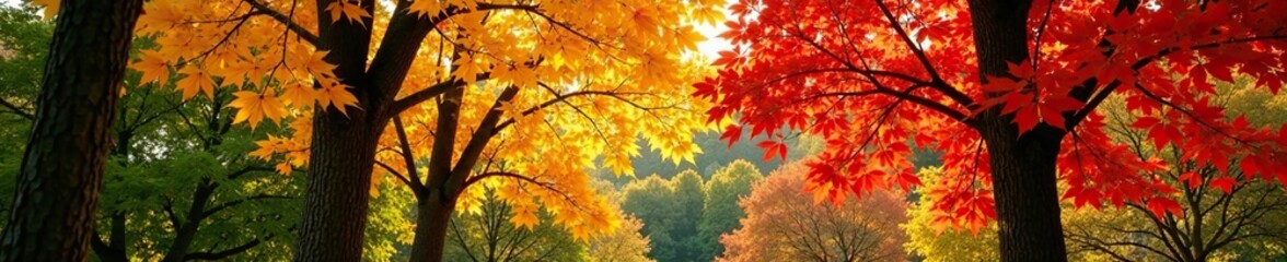 Scarlet yellow maple trees with green leaves in autumn, fall colors, nature photography
