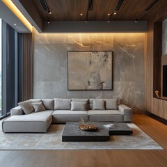 Modern Living Room Interior Design: Luxury Apartment with Sectional Sofa and Abstract Art
