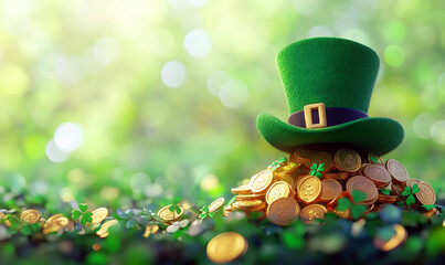leprechaun hat and pile of gold coins nestled in a patch of shamrocks on vibrant green bokeh background. luck and prosperity.  Greeting card St. Patrick's Day. magical folklore of Ireland. banner. 