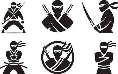 set of ninja logo vector illustration black and white silhouette Vector isolated on White Background. © Shalahin_Rabbi