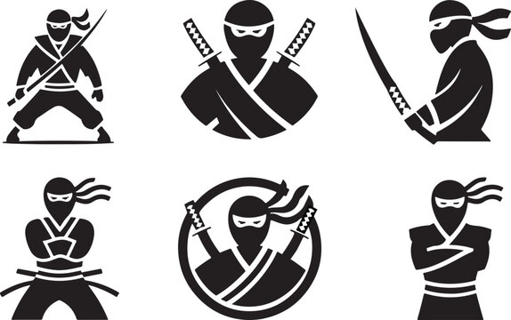 set of ninja logo vector illustration black and white silhouette Vector isolated on White Background.