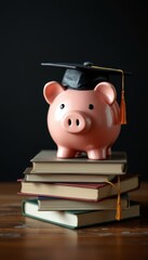 Saving for Education, A Piggy Bank with a Graduation Cap on Top of Stacked Books