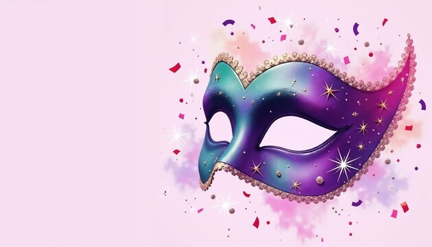Watercolor illustration of a mask with vibrant purple, pink, and green colors, decorated with sparkling stars and confetti, conveying the spirit of Purim and its mysteries on a pink pastel background 