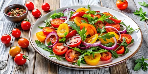 Spring Vegetable Salad: Tomatoes, Peppers, Onion & Arugula on Rustic White Wood
