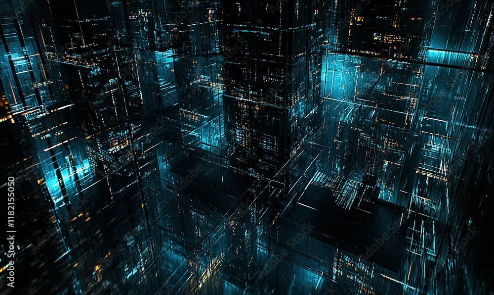Poster abstract digital cityscape at night with glowing lines and data streams, ideal for tech backgrounds.