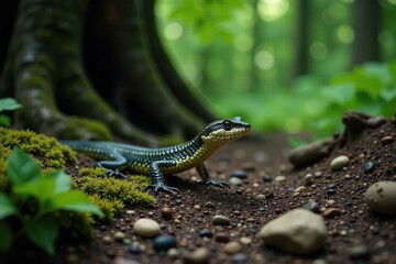 Naklejka premium Serpent gliding across the forest floor with roots and pebbles, reptile, ancient