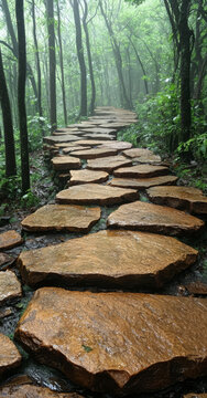 Stone Pathway Through Green Bamboo Forest