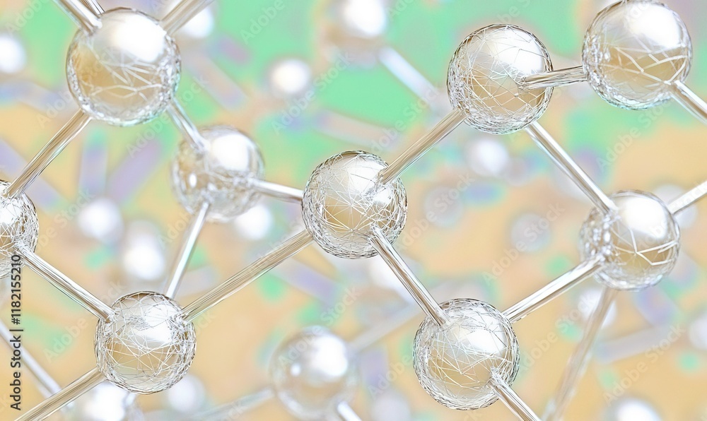 Poster abstract glass molecule structure on iridescent background for science visuals.