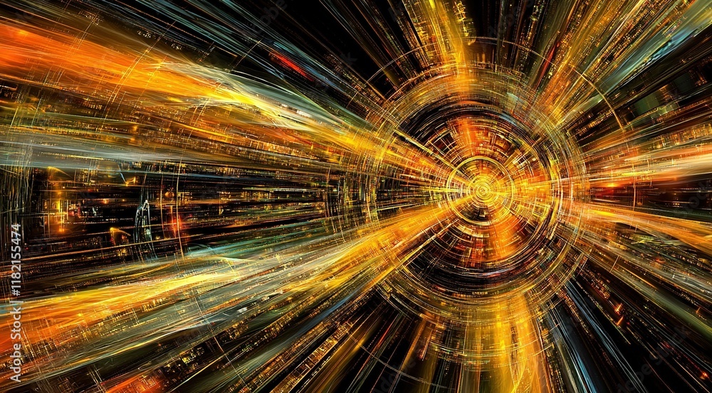 Poster abstract golden light speed tunnel effect with radial motion blur.