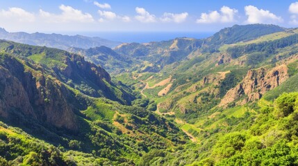 Fototapeta premium Lush Green Valley Landscape with Rolling Hills and Ocean View