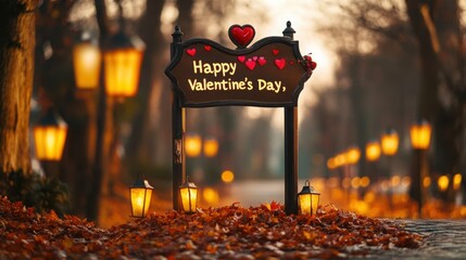 A signpost reading Happy Valentine's Day, surrounded by lanterns in a park covered with autumn leaves
