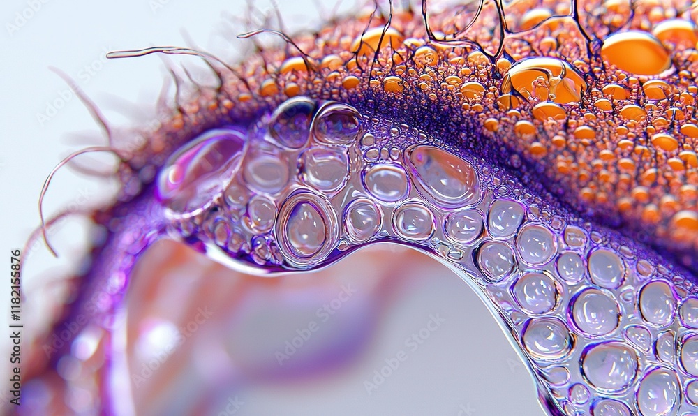 Poster abstract macro of colorful bubbles and wisps on light background, for science or art projects.