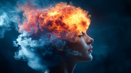 surreal portrait of woman with flames and smoke emanating from her head, symbolizing intense emotions and creativity. contrast of fire and smoke creates striking visual impact