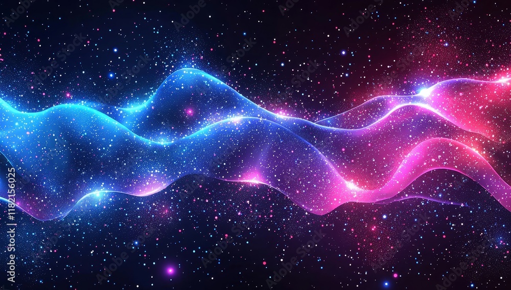 Poster particles of light blue and light red oscillate in an abstract setting decorated with twinkling dots