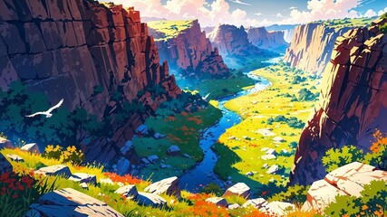 Majestic Canyon Adventure: 4K Anime Wallpaper with Red Rock Cliffs and Wildflowers