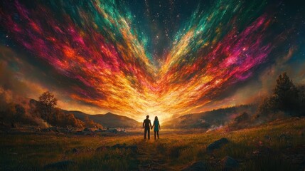 Fototapeta premium Couple Holding Hands Under a Vibrant Sky of Colors at Dusk