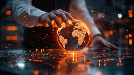 Futuristic business concept featuring a holographic interface and digital network connections. A professional in a suit engaging with virtual technology, embodying innovation and modernity