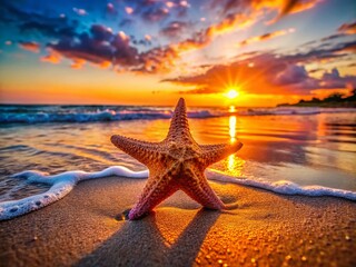 Fototapeta na wymiar Starfish on Sandy Beach at Sunset - Vibrant Coastal Scene