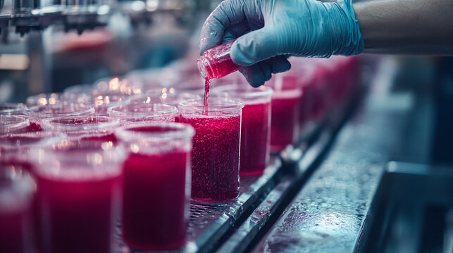 Bartender prepares refreshing beverage at a busy beverage production facility