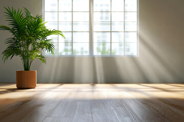 bright, airy room featuring large window with sunlight streaming in, illuminating potted plant on wooden floor. serene atmosphere invites relaxation and tranquility