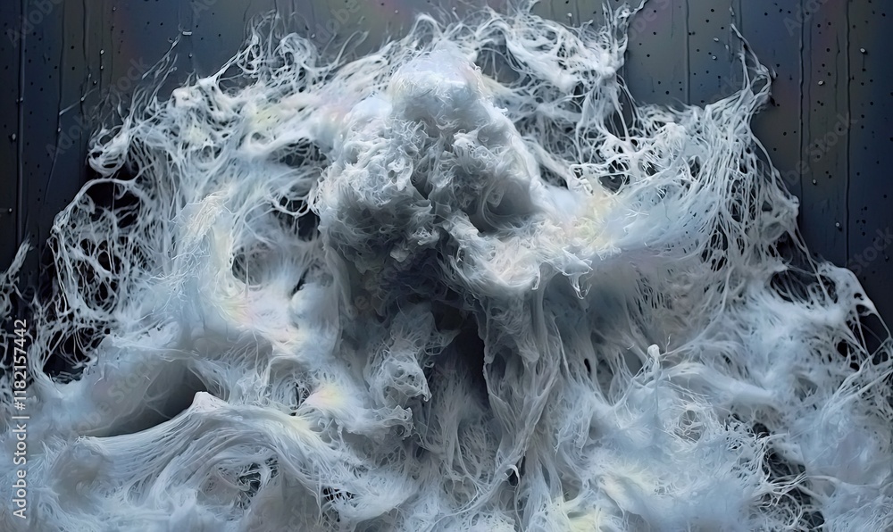 Poster abstract white fibrous form exploding on dark textured background, ideal for digital art and design 
