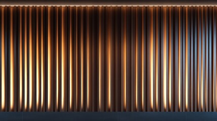 Illuminated vertical wood slats wall panel background.