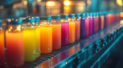 Fototapeta premium Colorful glass jars filled with vibrant beverages line a conveyor belt in a production facility