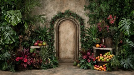 Lush Tropical Garden Scene with Archway and Fruit