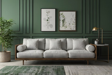 Minimal Cozy Green Living Room with Home Plant and a Comfortable Couch