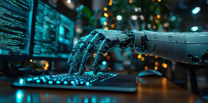 Robotic hand engaging with a computer screen in a high-tech office, symbolizing AI and automation