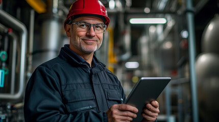 Worker in industrial facility checks tablet during routine operations in a manufacturing plant