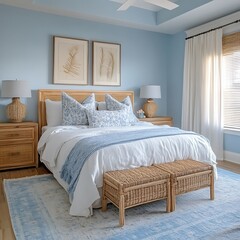 Stylish beach themed bedroom decor with light blue palette and wall art