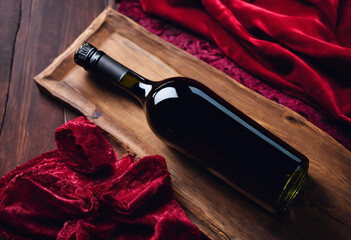 una botella de vino tinto tumbada sobre una mesa de madera vieja y encima de una mantilla de terciopelo rojo. Vista superior, WS