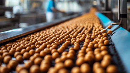 Fototapeta premium Process of producing small round snack balls on a conveyor belt in a food factory