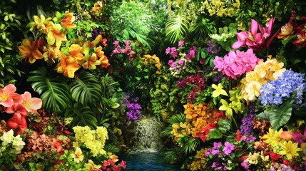 Fototapeta premium Lush Tropical Waterfall Garden Paradise Scene