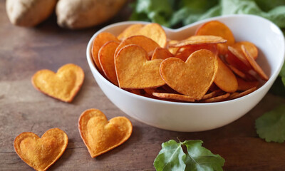 Heart-shaped sweet potato chips displayed in a white bowl surrounded by fresh greens on a wooden surface. Valentine’s Day idea, date, engagement party, love party, eat, food