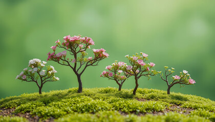 Earth Day blooms with small trees, diverse sizes on lush green canvas, nurturing nature's hope, fostering environmental care, asian style, with white tones